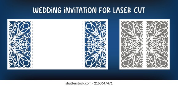 Template of wedding invitation for laser cutting. Gate Fold Card for wedding day. Gift card for paper cutting, scrapbooking. Openwork silhouette for cutting.