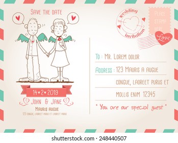 Template for wedding invitation on vintage postcard background 