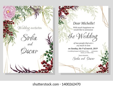 Template for wedding invitation. Pink rose with green leaves, green and red berries, grass and maroon leaves.  All elements are isolated.