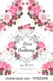 Template of wedding invitation with pink roses 