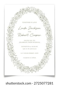 Modelo para cartão postal de convite de casamento em estilo de arte de linha com coroa de flores silvestres elipse. Quadro floral verde com lisianthus, buttercups e primrose. Casamento convida desenho de cartão. Ilustração vetorial