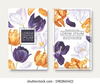 Plantilla para invitación a boda, afiche, pancarta para medios sociales con realistas flores de tulipán. Vector, flores detalladas de color amarillo, blanco y morado dibujadas a mano para tus diseños.Tarjetas de regalo listas para hacer.