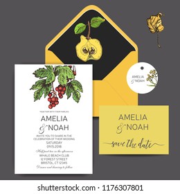 Template for wedding invitation. Vector card with autumn fruits.
