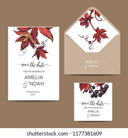 Template for wedding invitation. Vector card with grapes.