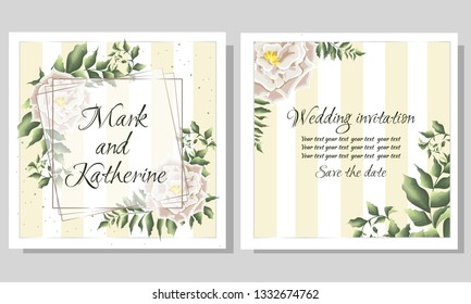 Template for wedding invitation. White roses, green leaves, plants, flora, polygonal Golden frame. All elements are isolated.