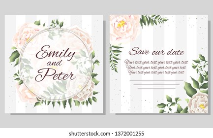 Template for wedding invitation. White roses, green leaves, plants, flora, round Golden frame. All elements are isolated.