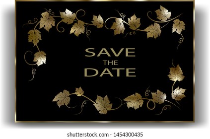  Template wedding invitations or invitations to another celebration, birthday, anniversary. Greeting card. Vine as a frame of gold color on a black background, the color of which can be changed. Vecto