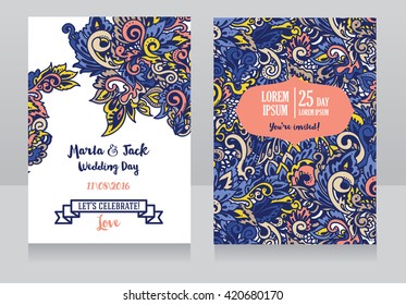 template for wedding invitations in boho style, colorful abstract ornament, vector illustration