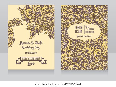 template for wedding invitations in boho style, colorful abstract ornament, vector illustration