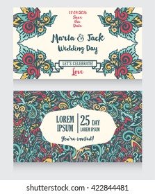 template for wedding invitations in boho style, colorful abstract ornament, vector illustration