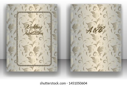  Template wedding invitations or invitations for a celebration, birthday, anniversary. Gentle gradient background with vintage pattern, pearl frame. Vector illustration.