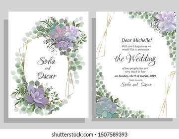 Template for wedding invitations. Floral border, succulents, green berries, branches, plants and leaves.