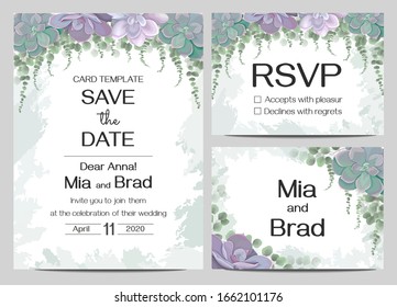 Plantilla para invitaciones de boda. Borde floral, suculentos, bayas verdes, ramas, plantas y hojas. Tarjeta con nombre, rsvp.