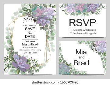 Template for wedding invitations. Floral border, succulents, green berries, branches, plants and leaves. Card with name, rsvp.