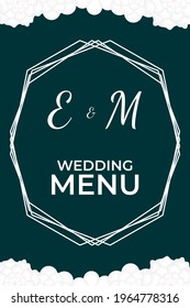 plantilla para la cubierta del menú de boda sobre fondo oscuro con marco abstracto, letras y flores blancas de arriba y abajo