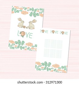 The template for the wedding. Postcard invitation. Hares. St. Valentine's Day. Set. Sketch.