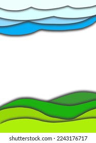 Template with white background and paper cut ornament describe green earth and blue sky for backdrop, cover, poster, banner and card, background template, background vector, background 3D
