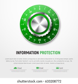 Template of white banner with green mechanical combination lock. Design for a web site, protection of personal information, maps, clouds, e-mail.