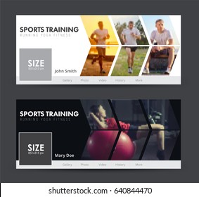 Template of white and black banner for social networks. Design cover  for sports, jogging, gym with images in the form of an arrow. Blurred photo for sample