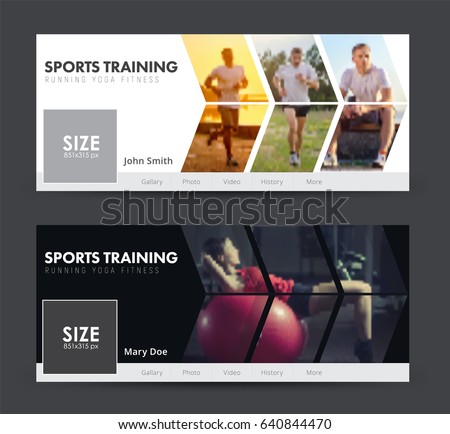 Template of white and black banner for social networks. Design cover  for sports, jogging, gym with images in the form of an arrow. Blurred photo for sample