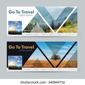 Template of white and black cover with triangles for images for social networks. Design for travel agencies and more. Photo of sample mosaic