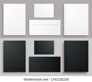 Plantilla para un sobre blanco y negro, tarjeta de visita, hoja de papel y libro. Diseño vectorial realista de plantillas vacías. Diseño de un sobre, tarjeta de visita, papel, documentos comerciales y mensaje