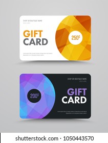 Template of a white and black gift card with polygonal abstract elements and a semicircle. Vector design with gold and blue polygons.