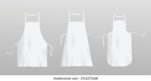 Template of white blank chef aprons, realistic vector illustration isolated on grey background. Restaurant kitchen staff white aprons or pinafores set.