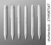 Template of white blank plastic pens in different angles, realistic vector illustration isolated on transparent background. Mockup of business stationery writing tools.