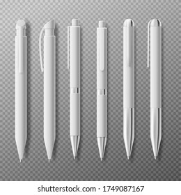 Template of white blank plastic pens in different angles, realistic vector illustration isolated on transparent background. Mockup of business stationery writing tools.