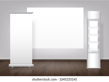 Template Of White Blank Trade Show Booth And Vertical Roll-up Display Banner With Space For Text Stand On Wooden Floor. Vector Illustration Of Presentation For Business