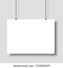 Template of white blank vector poster. Mockup hanging on the wall. Frame for paper sheet. Isolated on grey background. Vector illustration