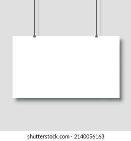 Template of white blank vector poster. Mockup hanging on the wall. Frame for paper sheet. Isolated on grey background. Vector illustration