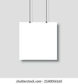 Template of white blank vector poster. Mockup hanging on the wall. Frame for paper sheet. Isolated on grey background. Vector illustration