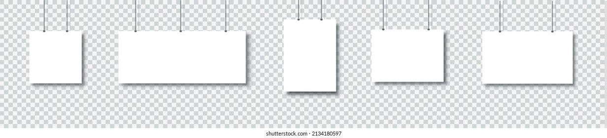 Template of white blank vector posters. Set of mockups hanging on the wall. Frame for paper sheet. Isolated on gray background. Vector illustration