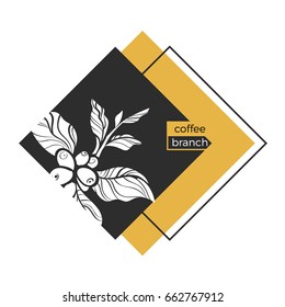 Template of white branch of coffee tree with leaves and natural coffee beans. Silhouette, shape. Botanical illustration. Rhombus. Vector symbol eps.10