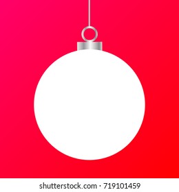 Template of white Christmas ball isolated on colorful red pink background. Stocking element for decoration. EPS vector illustration for design, mock-up. Shiny toy with silver glow metal chain. 