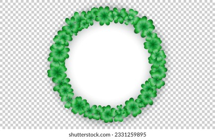 Template of white circle with realistic green clover frame and blank space inside. Banner with trefoil ornament as an Irish symbol, sign of luck. Decoration element with shamrock for St Patrick Day