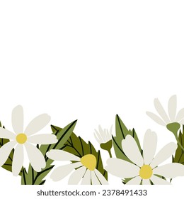 Template with White daisy, chamomile flowers. Vector illustration set. Cute round flower head plant nature collection. Decoration element with space for text. Flat design for cards, packaging.