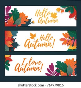 Template white design for special hello autumn season.  Horizontal banner with autumnal nature, leaf decoration. With fall logo. Vector