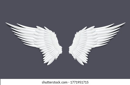 Template of white feathers angel or bird wings realistic vector illustration isolated neutral grey background. Template of wing for emblems and logo design.