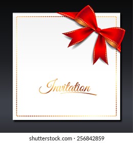 Template of white invitation card with red bow and golden text