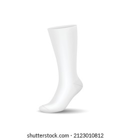 Template of white long sock length on invisible leg realistic isolated on white background. Blank sport sock mockup for design and identity, corporate identity. Vector illustration