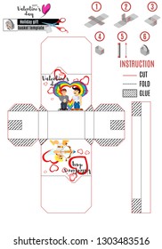 template of white paper basket box with bright pictures for cutting and gluing
