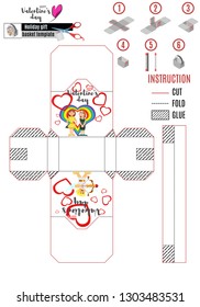 template of white paper basket box with bright pictures for cutting and gluing