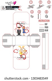template of white paper basket box with bright pictures for cutting and gluing