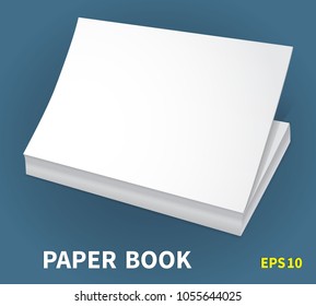 Template. A white paperback with a soft cover is on the table. It is ajar. Soft shadows. Ready to insert text or image. Isolated on a blue background. Vector illustration.