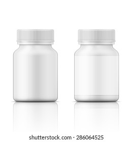 Template of white plastic bottle with screw cap for medicine, pills, tabs. Packaging collection. Vector illustration. 