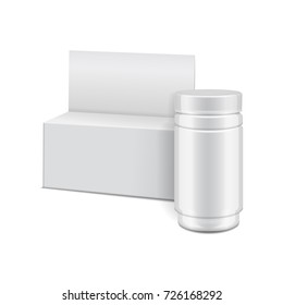 Template of white plastic bottle with screw cap and cartoon box for medicine, pills, tabs. Vector packaging mock up illustration for your design