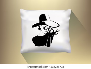 Template of White Realistic Square Pillow to Sleep with drawn elegant Woman in Black. Soft white bolster fabric cushion blank. Vector illustration.